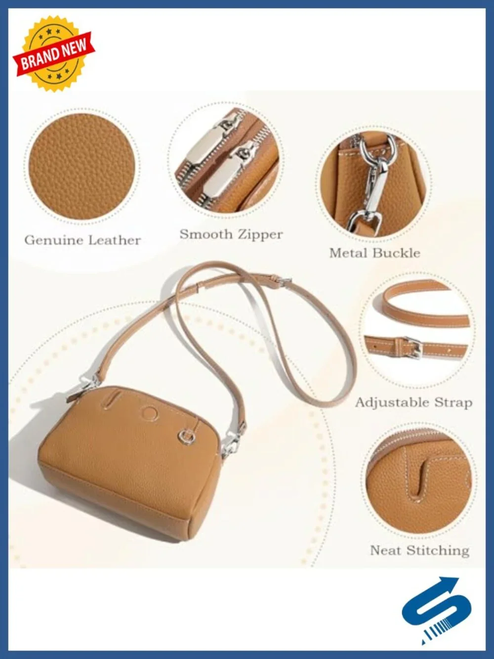 Genuine Leather Small Crossbody Bag with Zipper Closure, Adjustable Strap